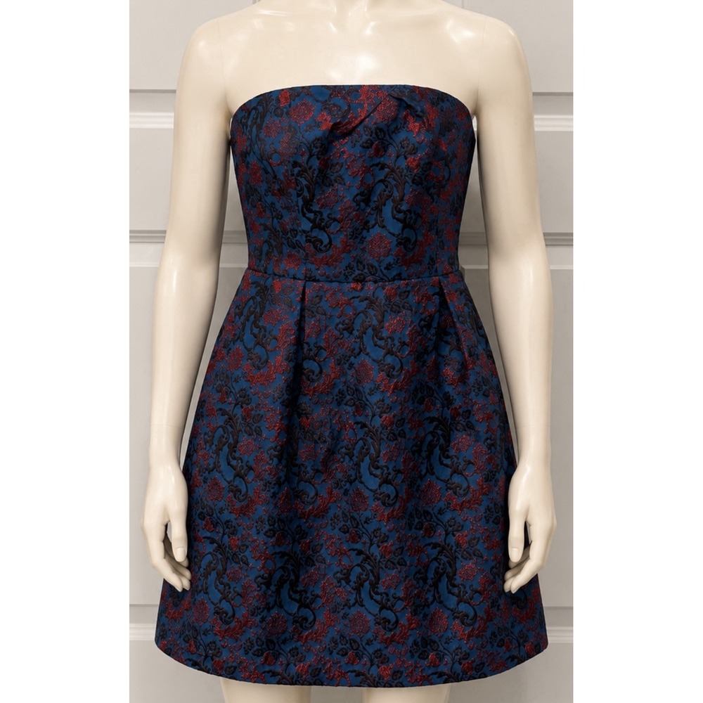 LIEFNOTES for Anthropology Women's Strapless Dress Size 4 Burgundy Blue Floral